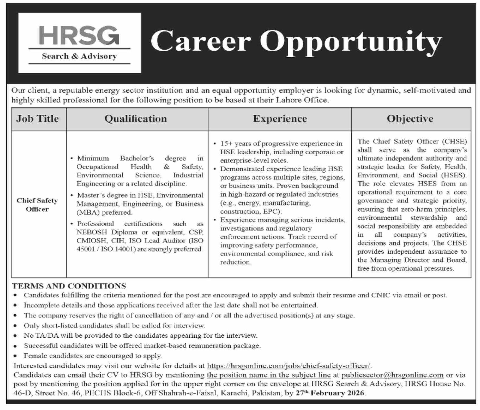 HRSG Innovative Business Solutions Jobs 2026 – HRSG People and Business karachi Jobs 2026 — original advertisement
