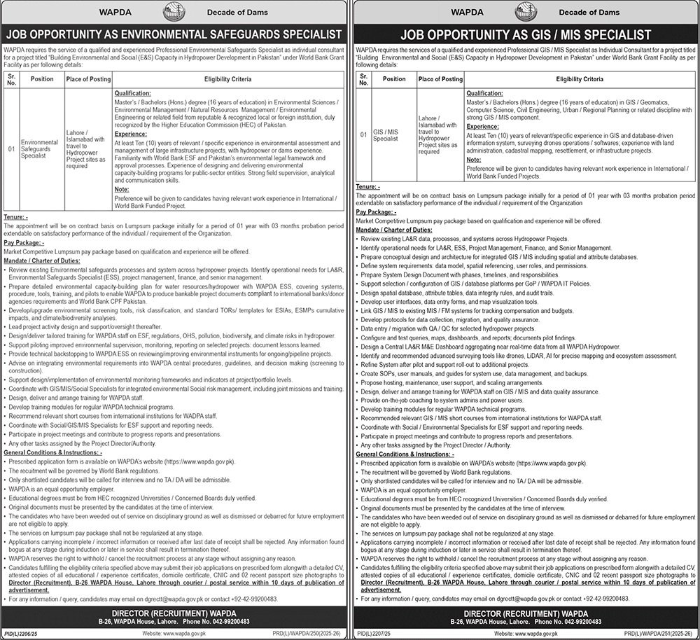 WAPDA Jobs 2026 For Environmental Safeguards Specialist – Water and Power Development Authority Jobs 2026 — original advertisement