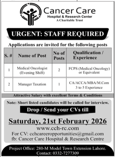 Cancer Care Hospital & Research Center Lahore Jobs 2026 – Cancer Care Hospital Lahore Jobs 2026 — original advertisement