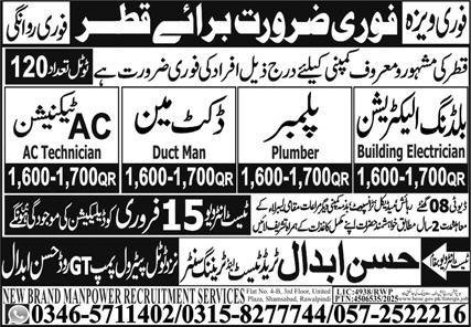 Plumber & AC Technician Jobs 2026 In Qatar – Hassan Abdal Trade Test & Training Center Jobs 2026 — original advertisement