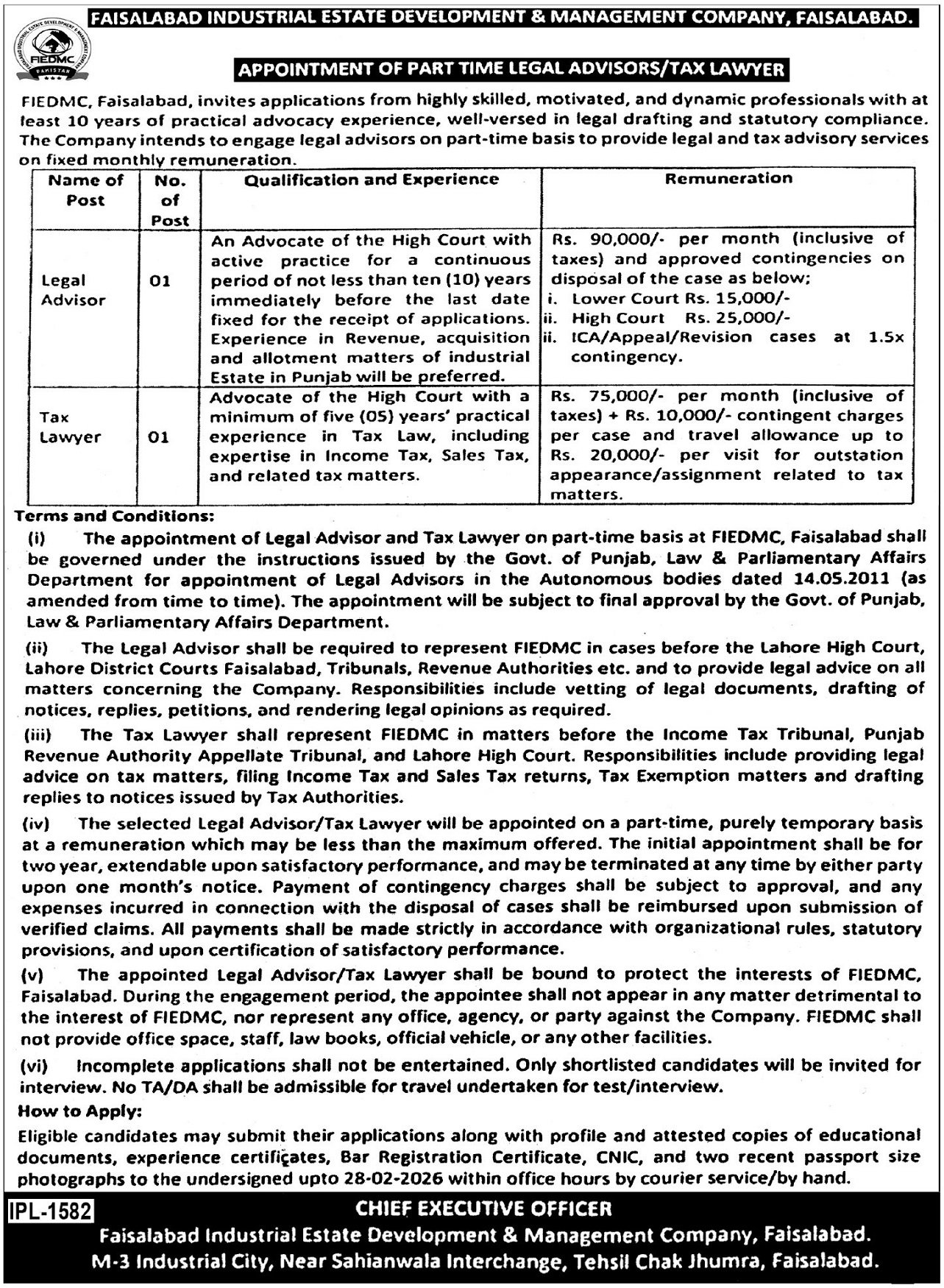 Faisalabad Industrial Estate FIEDMC Jobs 2026 Legal Advisor – Private Company Jobs 2026 — original advertisement