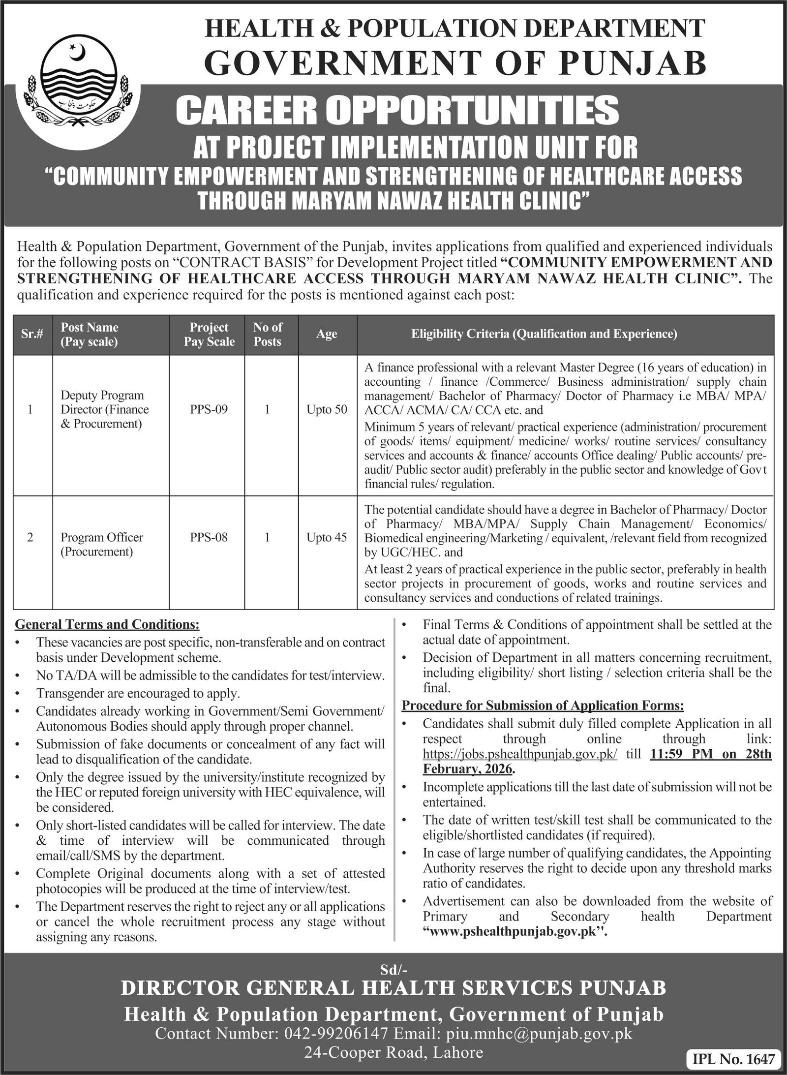 Health & Population Department Lahore Jobs 2026 – Population Welfare Department Punjab Jobs 2026 — original advertisement
