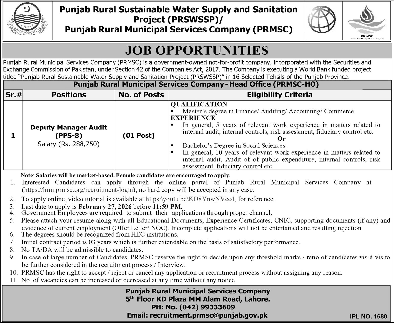 Punjab Rural Municipal Services Company Jobs 2026 – Punjab Rural Municipal Services Company PRMSC Jobs 2026 — original advertisement