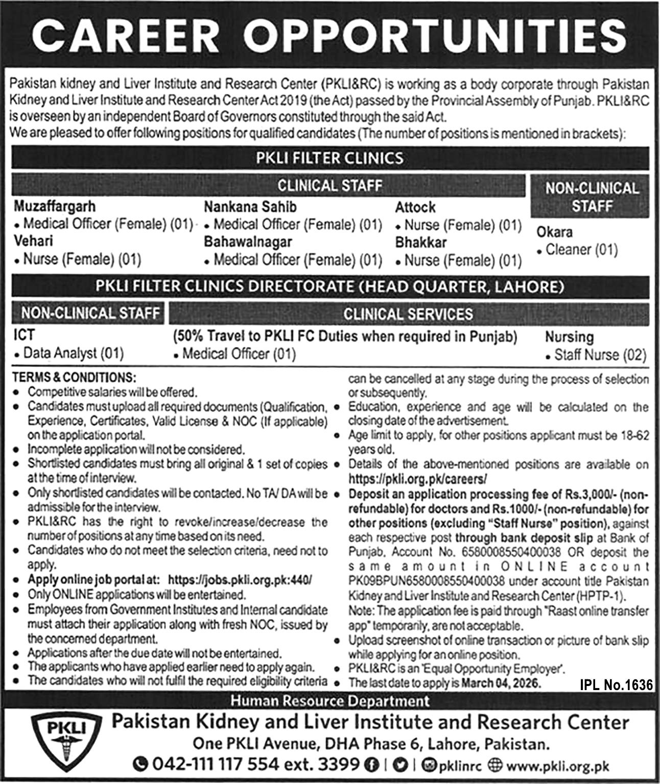 Pakistan Kidney And Liver Institute And Research Centre Jobs – Pakistan Kidney And Liver Institute (PKLI) And Research Centre Lahore Jobs 2026 — original advertisement