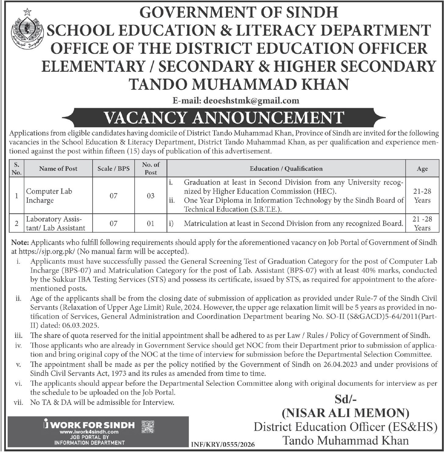 School Education & Literacy Department ES&HS Sindh Jobs 2026 – School Education & Literacy Department Sindh Jobs 2026 — original advertisement