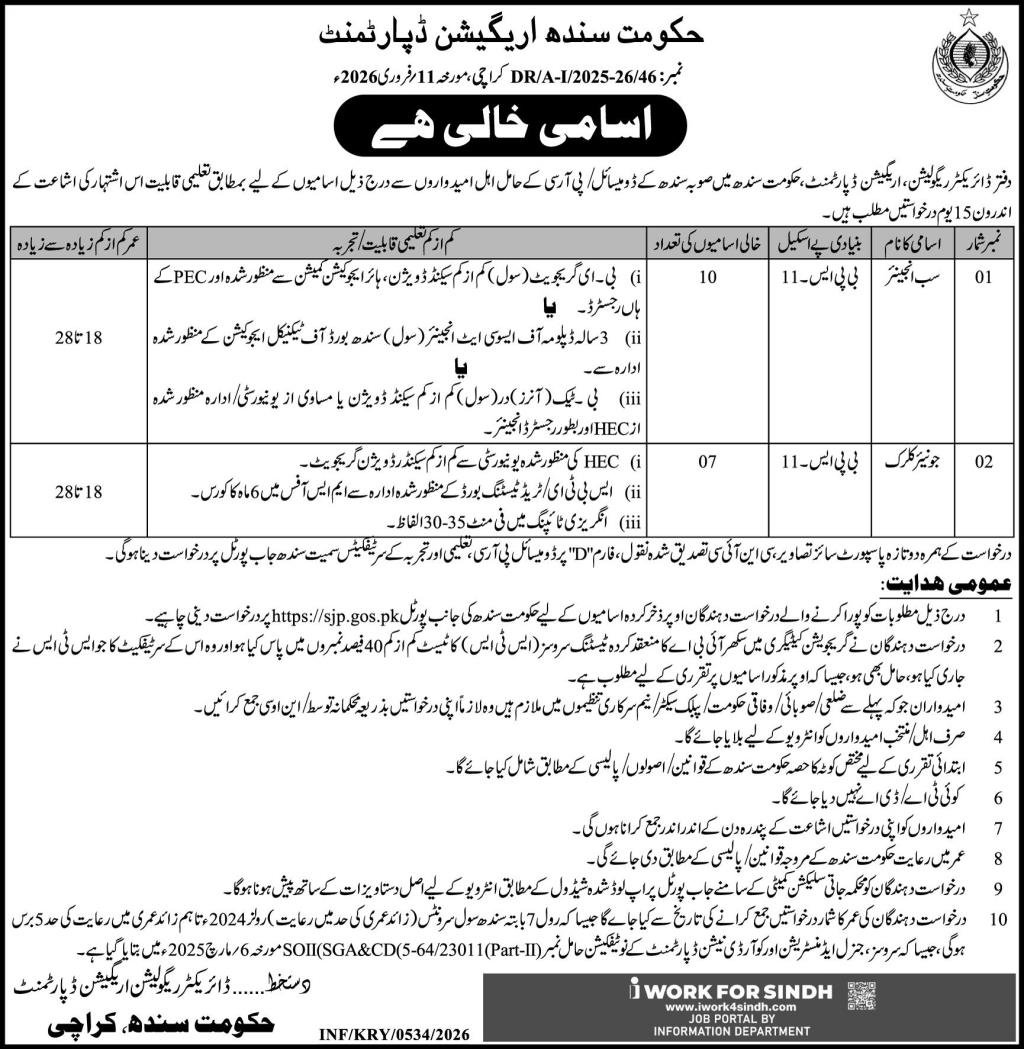 Sindh Irrigation Department Jobs 2026 For Sub Engineer – Irrigation Department Sindh Jobs 2026 — original advertisement
