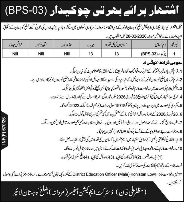 District Education Officer DEO Male Kohistan Lower Jobs 2026 – Elementary & Secondary Education Department KPK Jobs 2026 — original advertisement