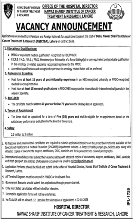 Nawaz Sharif Institute of Cancer Treatment & Research Jobs – Muhammad Nawaz Sharif Teaching Hospital Lahore Jobs 2026 — original advertisement