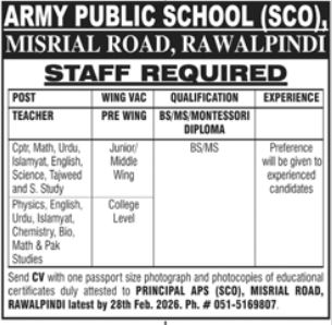 Army Public School APS Rawalpindi Jobs 2026 – Army Public School & College Paksitan Jobs 2026 — original advertisement