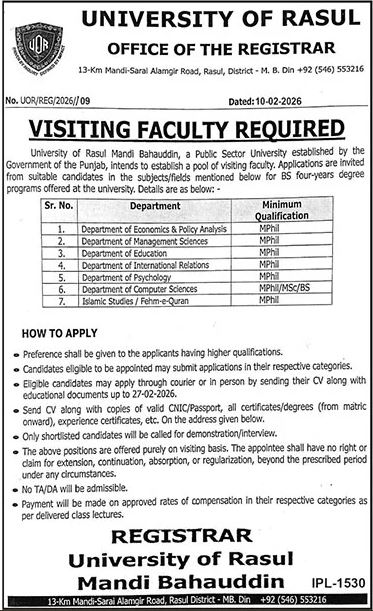 Visiting Faculty Jobs At University Of Rasul – Punjab University of Technology Rasul District Mandi Bahaudin Jobs 2026 — original advertisement