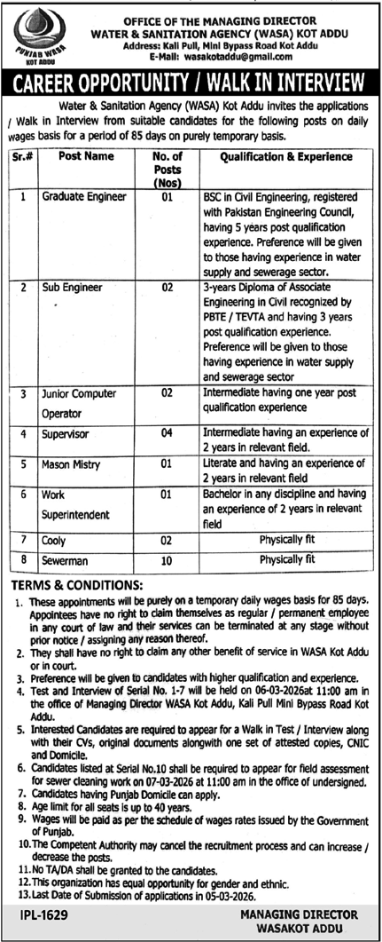 Water And Sanitation Agency WASA Kot Adu Jobs 2026 – Water and Sanitation Agency (LDA) Lahore Jobs 2026 — original advertisement