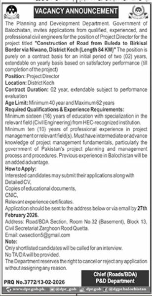 Planning and Development Department Kech Jobs 2026 – Planning and Development Department Balochistan Jobs 2026 — original advertisement