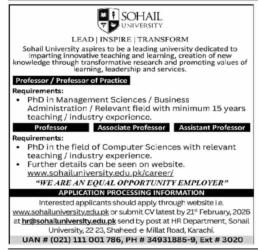 Sohail University Karachi Jobs 2026 Jobs 2026 — original advertisement
