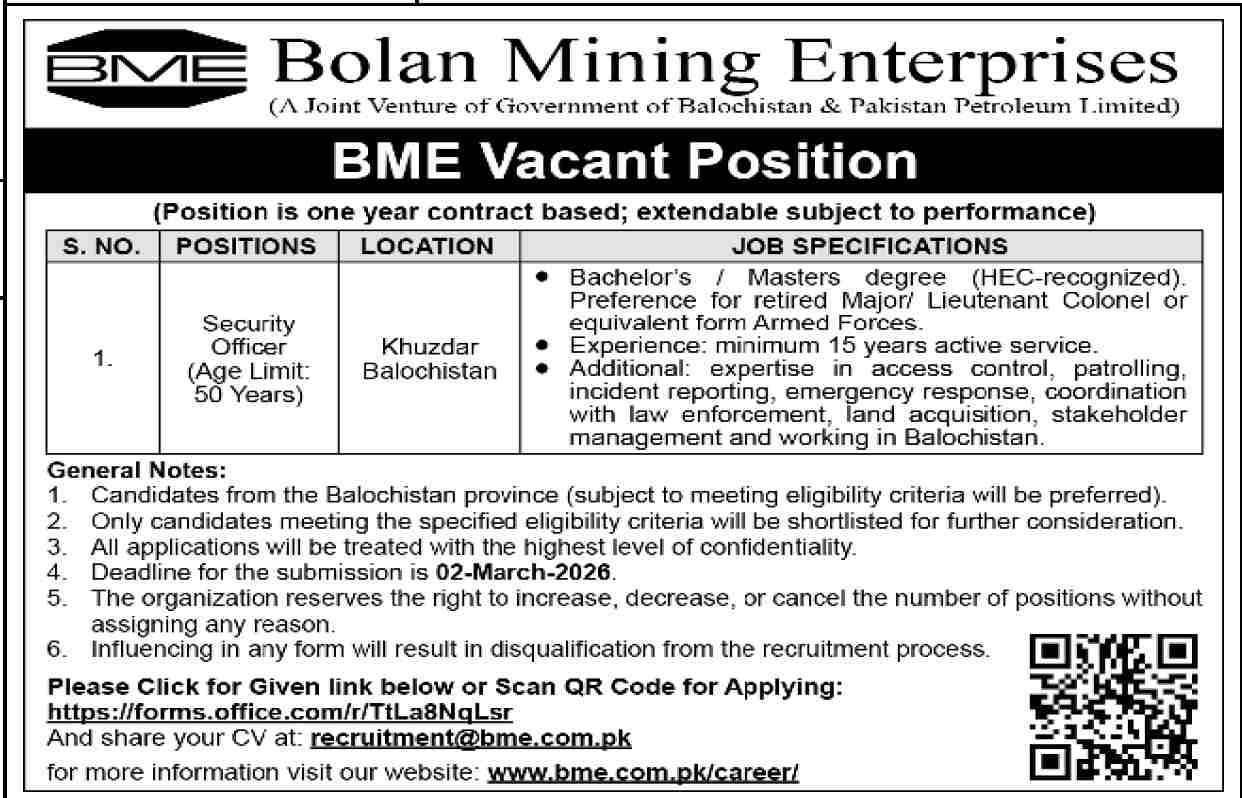 Bolan Mining Enterprises Khuzdar Jobs 2026 Jobs 2026 — original advertisement