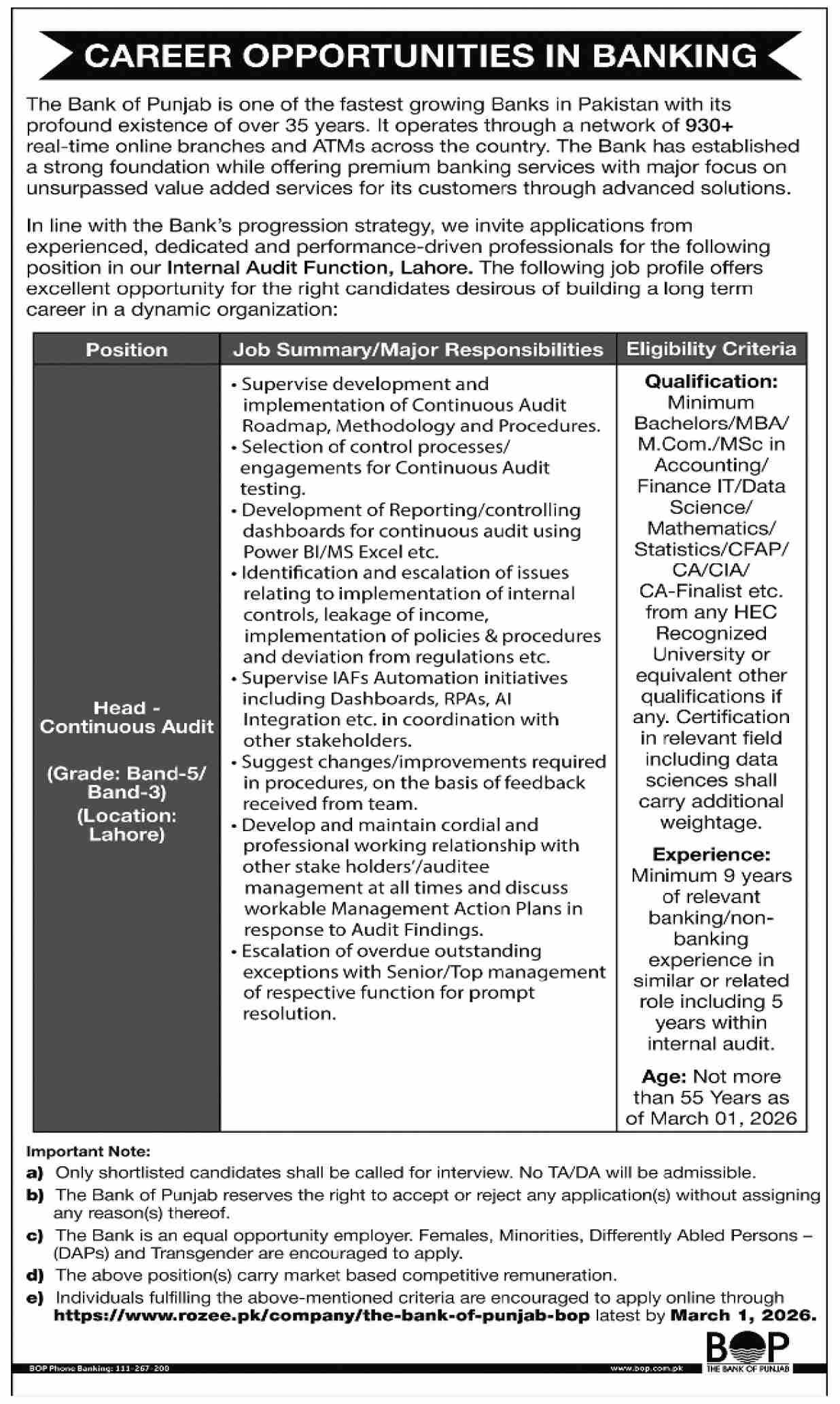 The Bank of Punjab BOP Lahore Jobs 2026 Jobs 2026 — original advertisement