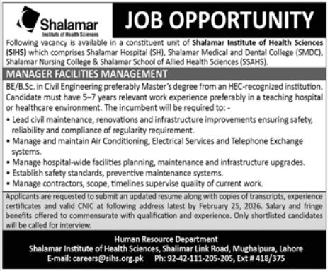Shalamar Institute Of Health Sciences Lahore Job 2026 Jobs 2026 — original advertisement