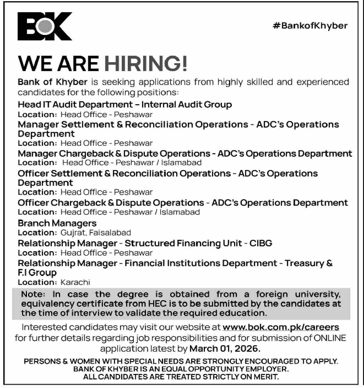 The Bank Of Khyber BOK Jobs 2026 Jobs 2026 — original advertisement