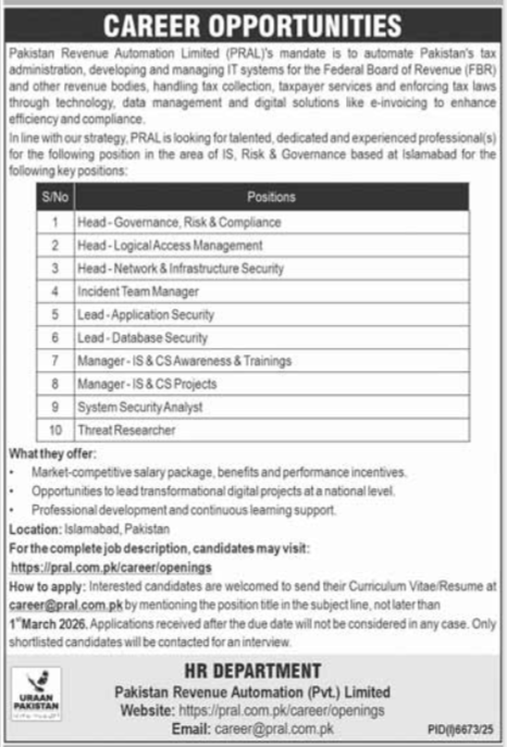 Pakistan Revenue Automation PRAL Karachi Jobs 2026 – Public Sector Organization Jobs 2026 — original advertisement
