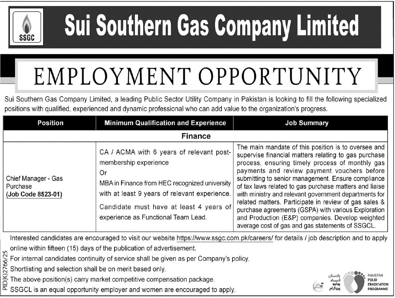 Sui Southern Gas Company Limited SSGC Jobs 2026 Jobs 2026 — original advertisement