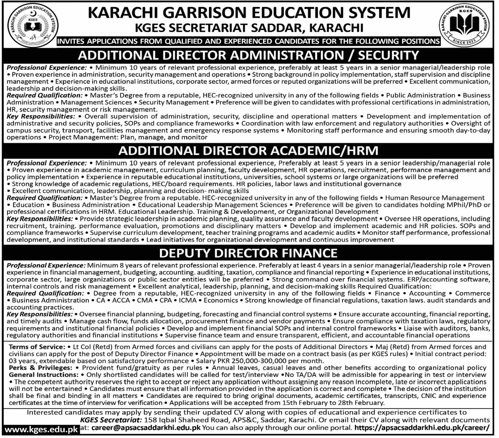 Karachi Garrison Education System KGES Jobs 2026 – Public Sector Organization Jobs 2026 — original advertisement