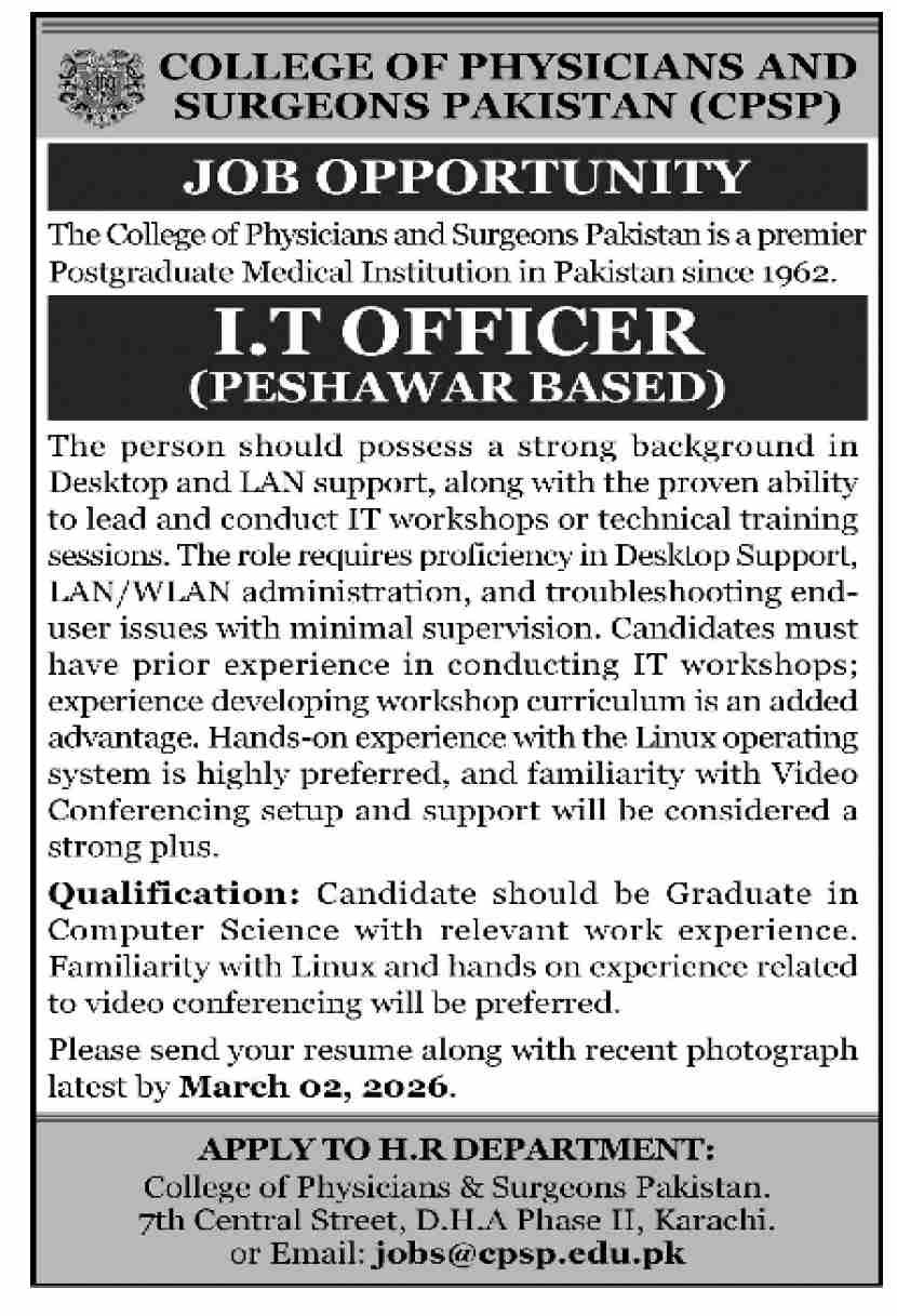 College of Physicians and Surgeons Peshawar Jobs 2026 – College of Physicians and Surgeons Pakistan Jobs 2026 — original advertisement
