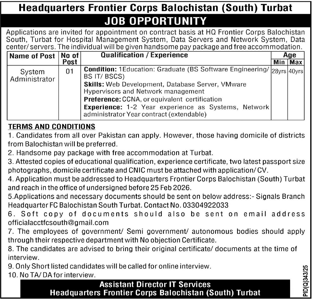 Headquarter Frontier Core South Turbat Jobs 2026 – Frontier Corps (South) Balochistan Jobs 2026 — original advertisement