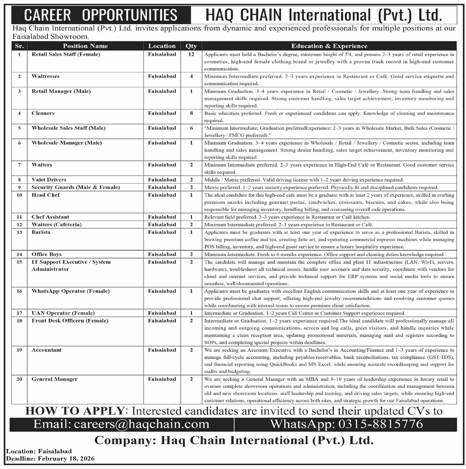 Haq Chain International Pvt Ltd Jobs 2026 – Private Company Jobs 2026 — original advertisement
