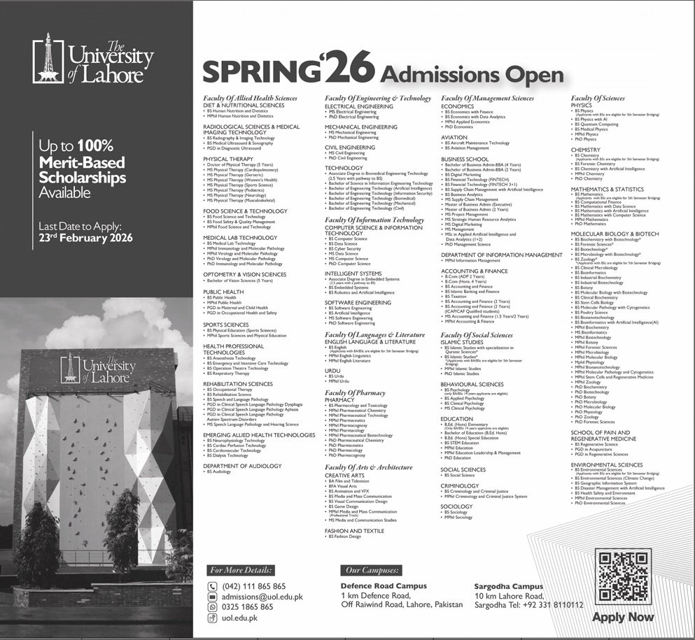 Admission Open in The University of Lahore Punjab 2026 Admissions 2026 — original advertisement