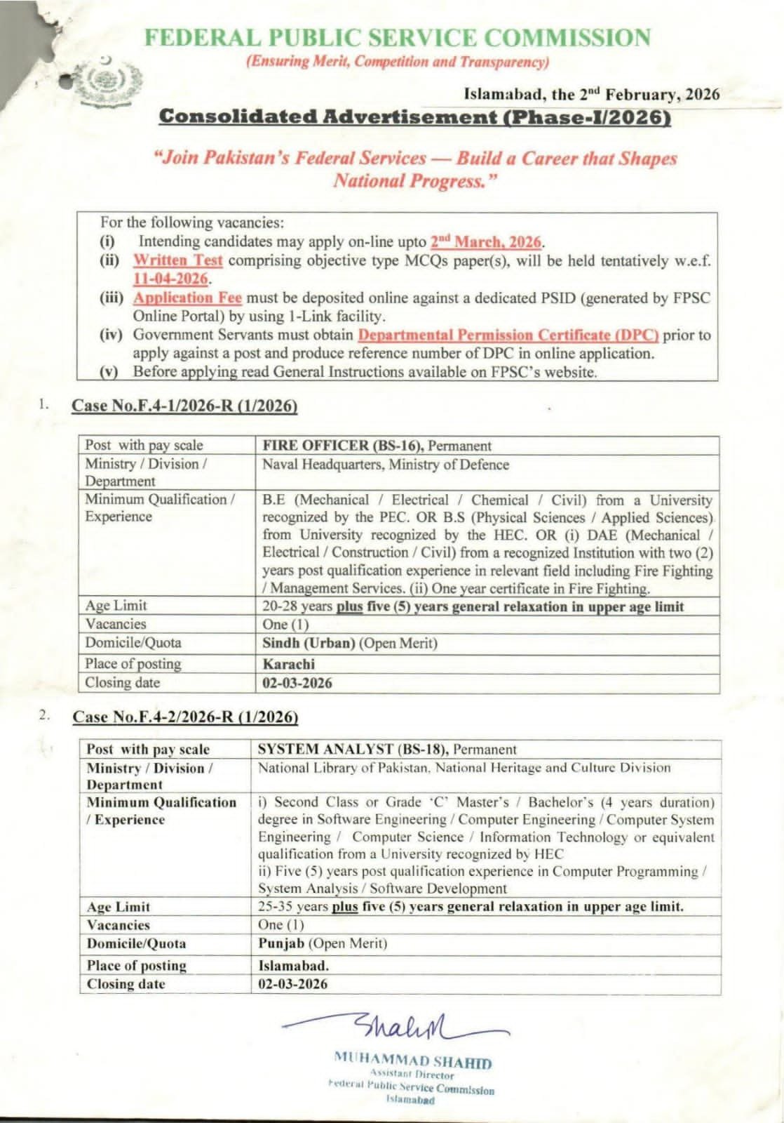Federal Public Service Commission FPSC Jobs 01/2026 Jobs 2026 — original advertisement