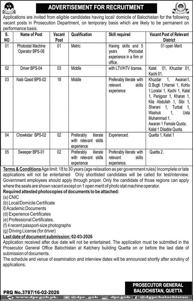 Prosecutor General Balochistan Jobs 2026 For Drivers – Prosecution Department Balochistan Jobs 2026 — original advertisement