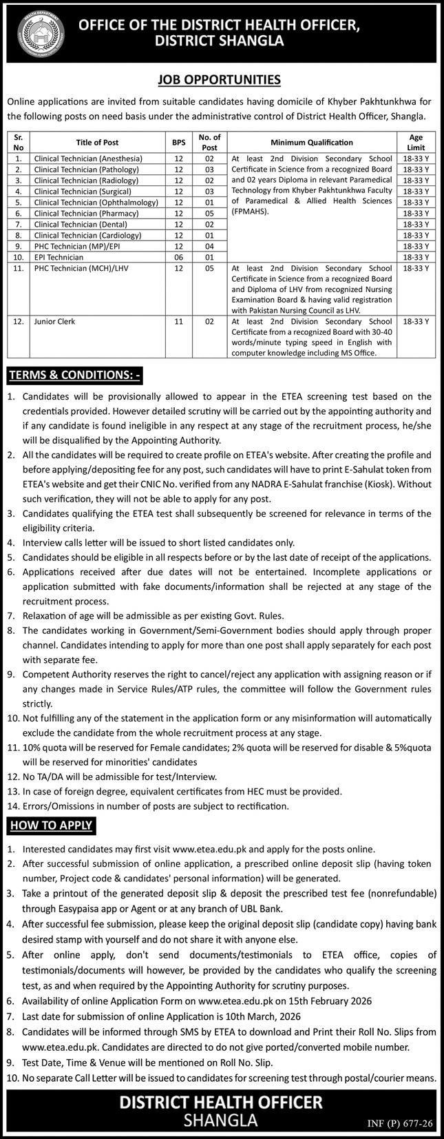 Health Department Shangla Jobs 2026 For Clinical Technician – Health Department KPK Jobs 2026 — original advertisement