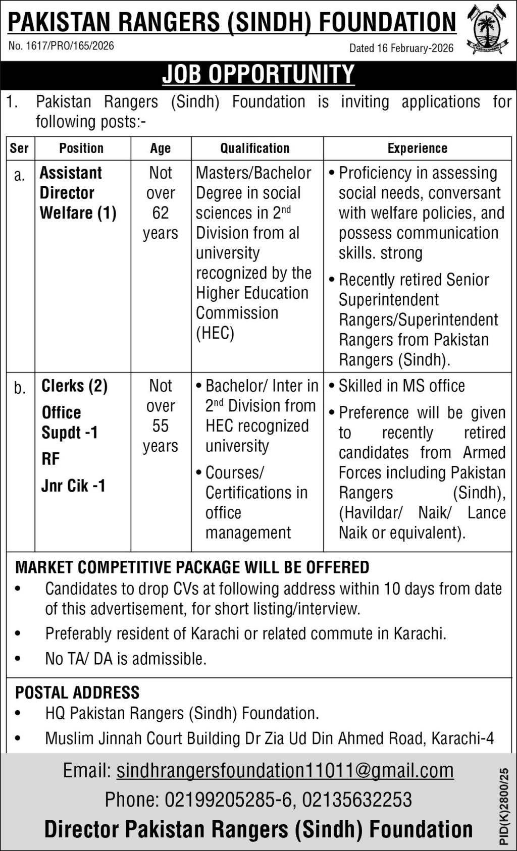 Pakistan Rangers Sindh Foundation Karachi Jobs 2026 – Sindh Rangers Jobs 2026 — original advertisement