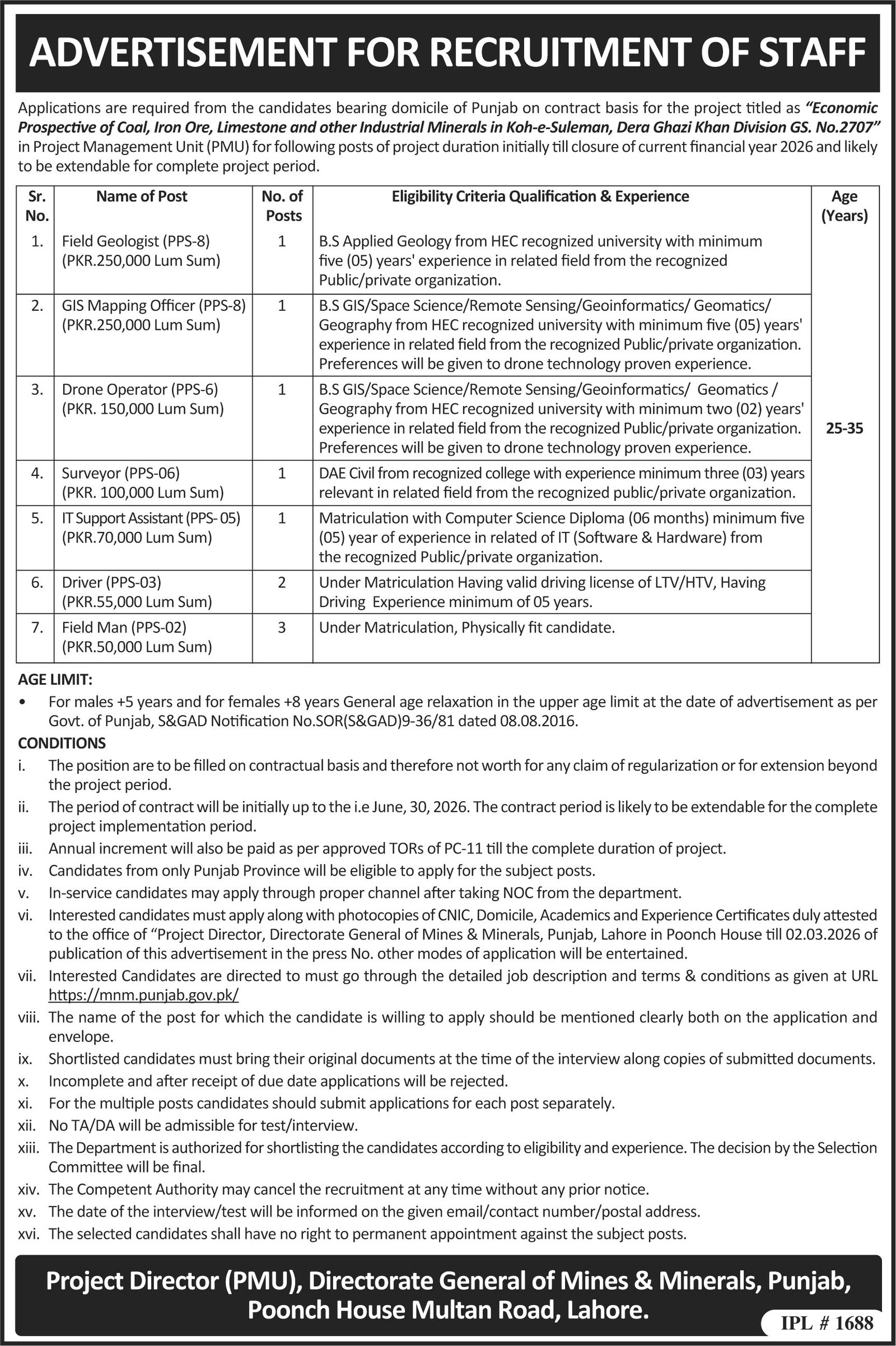 Directorate General Mines & Minerals Lahore Jobs 2026 – Mines & Minerals Department Punjab Jobs 2026 — original advertisement