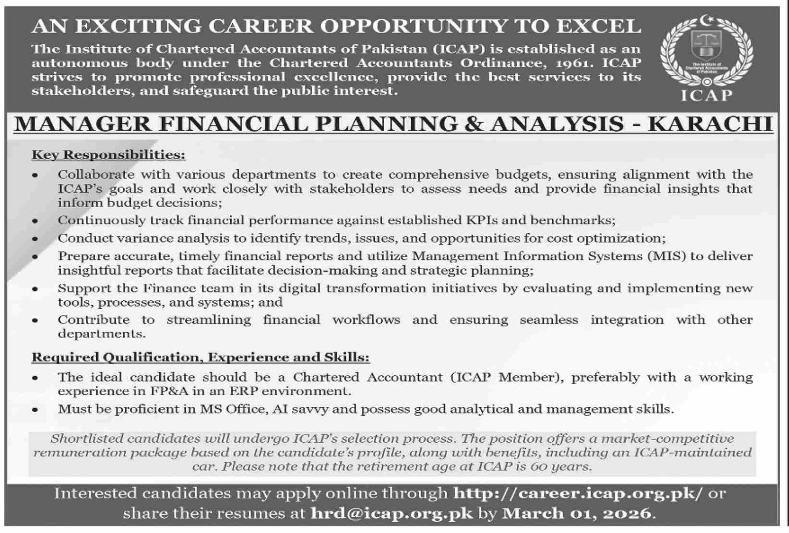 Institute Of Chartered Accountants Of Pakistan ICAP Job 2026 – PAKISTAN NATIONAL ACCREDITATION COUNCIL ISLAMABAD Jobs 2026 — original advertisement