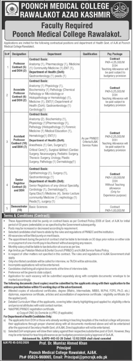 Poonch Medical College Rawalakot Jobs 2026 – Poonch Medical College, Rawalakot,Azad Kashmir Jobs 2026 — original advertisement