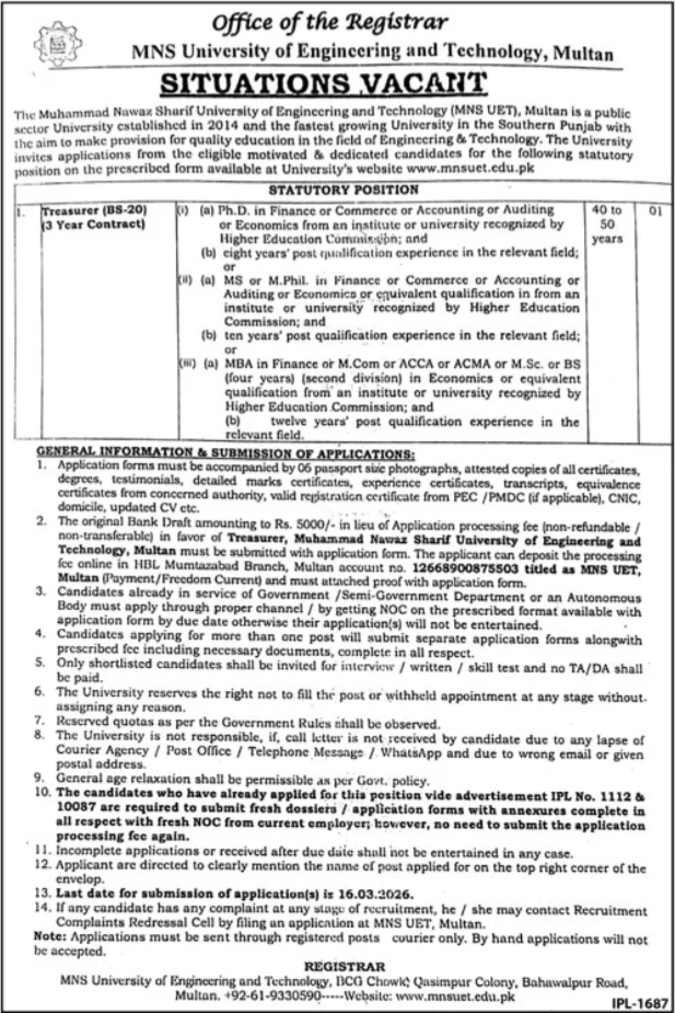 MNS University Of Engineering & Technology Multan Jobs 2026 – MNS-University of Agriculture, Multan. Jobs 2026 — original advertisement