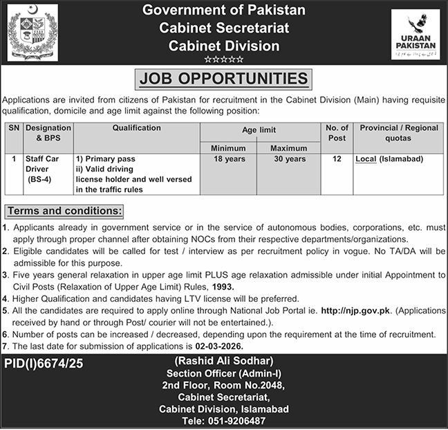 Cabinet Division Islamabad Job 2026 Jobs 2026 — original advertisement