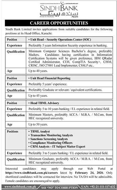 Sindh Bank Jobs 2026 For Unit Head Jobs 2026 — original advertisement