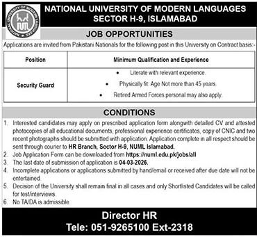 National University Of Modern Languages NUML Jobs 2026 – National University of Modern Languages Islamabad Jobs 2026 — original advertisement