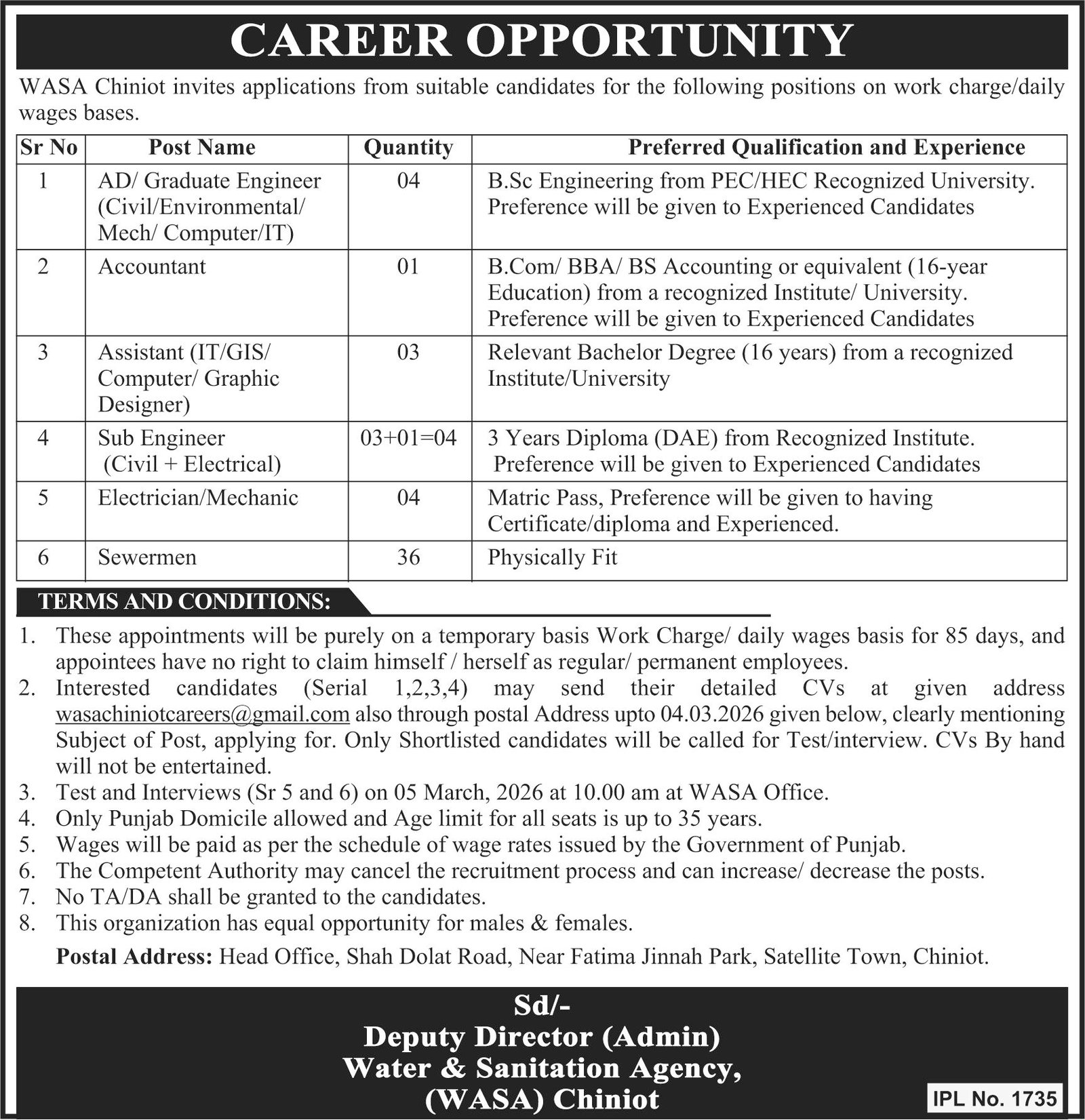 Water & Sanitation Agency WASA Chiniot Jobs 2026 – Water and Sanitation Agency (LDA) Lahore Jobs 2026 — original advertisement