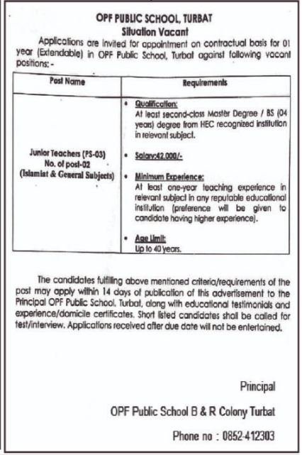 OPF Public School Turbat Jobs 2026 For Junior Teachers Jobs 2026 — original advertisement