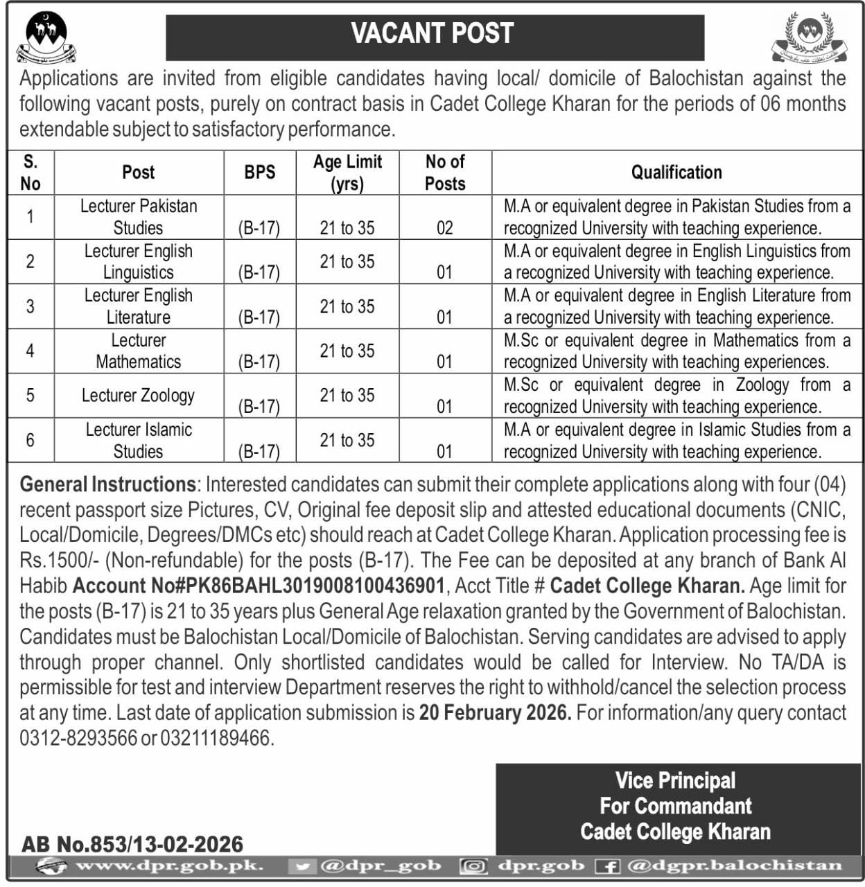 Cadet College Kharan Balochistan Jobs 2026 Jobs 2026 — original advertisement