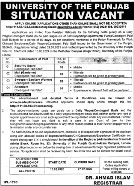 University Of Punjab UOP Lahore Jobs 2026 Jobs 2026 — original advertisement