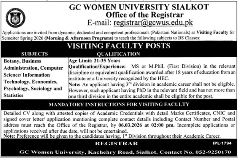 GC Women University Sialkot Jobs 2026 – GC University Hyderabad Jobs 2026 — original advertisement