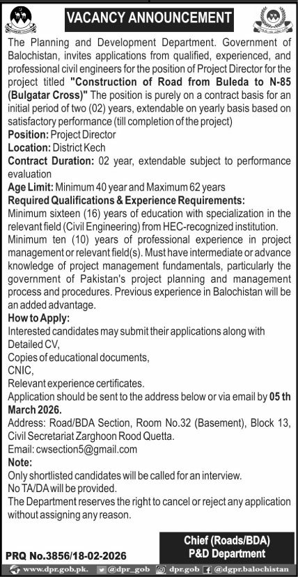 Planning & Development Department Kech Job 2026 – Planning and Development Department Balochistan Jobs 2026 — original advertisement