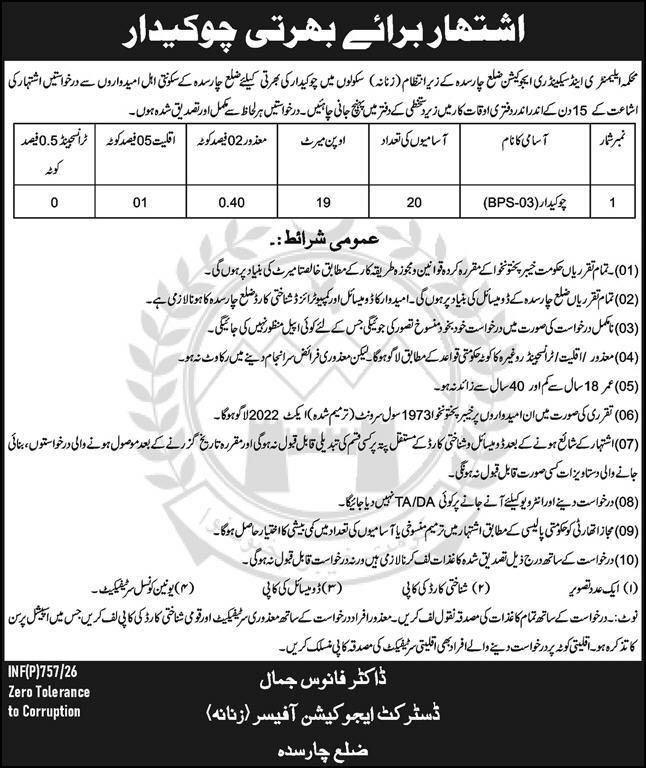 Education Department ESED Charsadda Jobs 2026 – Elementary & Secondary Education Department KPK Jobs 2026 — original advertisement