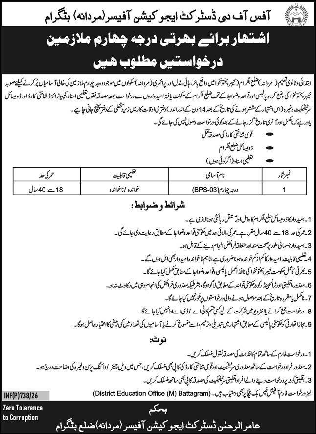 District Education Officer DEO Battagram Jobs 2026 – Elementary & Secondary Education Department KPK Jobs 2026 — original advertisement