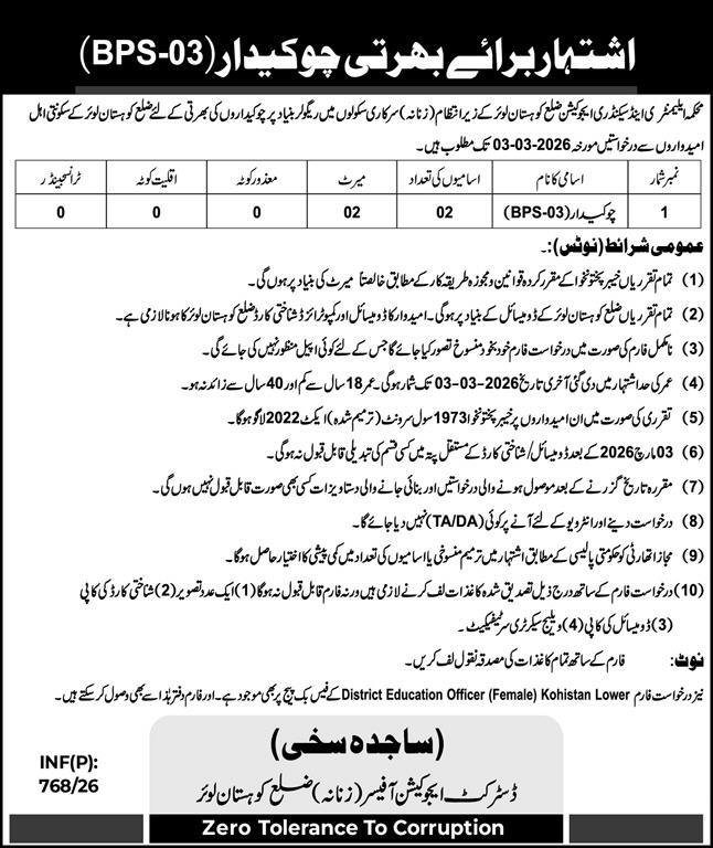 Education Department ESED Kohistan Lower Jobs 2026 – Elementary & Secondary Education Department KPK Jobs 2026 — original advertisement