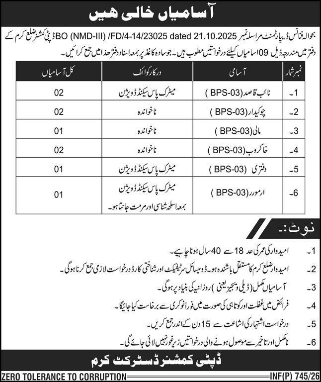 Deputy Commissioner DC Kurram Jobs 2026 For Naib Qasid – Revenue Department KPK Jobs 2026 — original advertisement