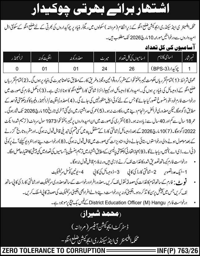 Elementary & Secondary Education Department Hangu Jobs 2026 – Elementary & Secondary Education Department KPK Jobs 2026 — original advertisement